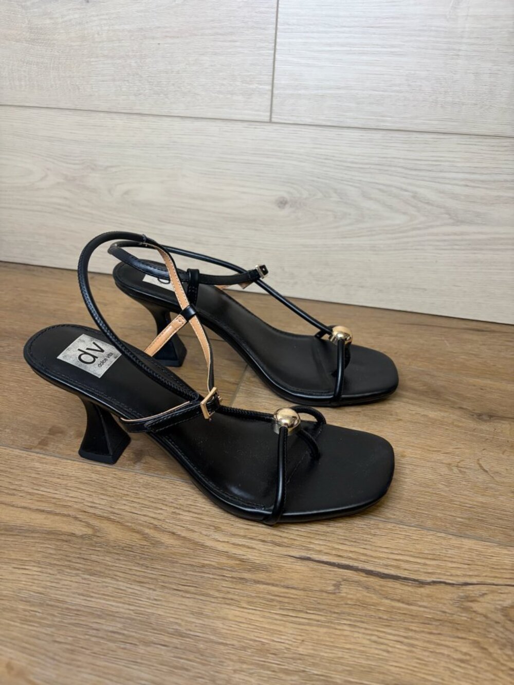 DV Dolce Vita Black Strappy Heeled Sandals with Gold Accent Size 9